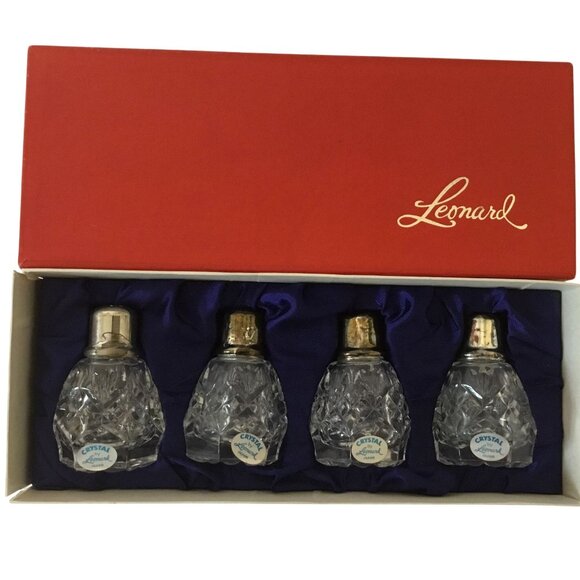 VTG LEONARD Japan Crystal Salt & Pepper Shakers in Box Set of 4 Silver Tops NOS - Picture 1 of 8